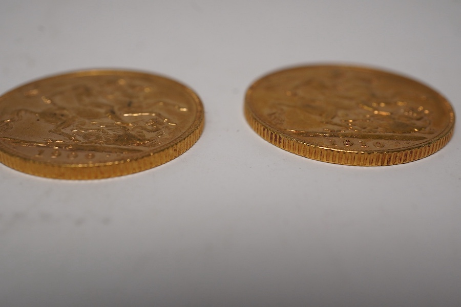 Australia gold coins, Edward VII, two gold sovereigns, 1909P, good VF and 1910P, VF